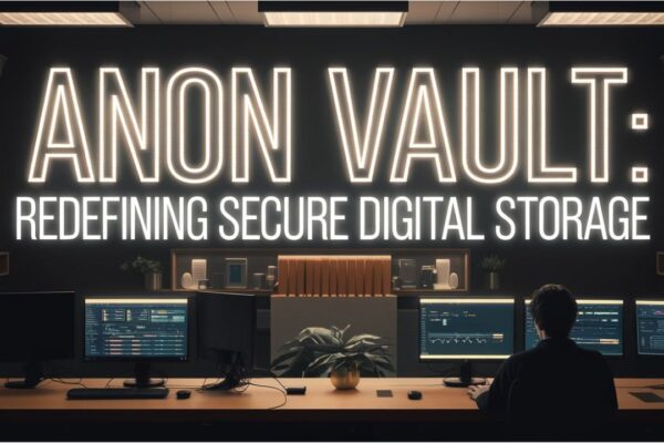 A sleek digital vault interface representing Anon Vault, with strong encryption symbols and a user-friendly design in a modern setting.