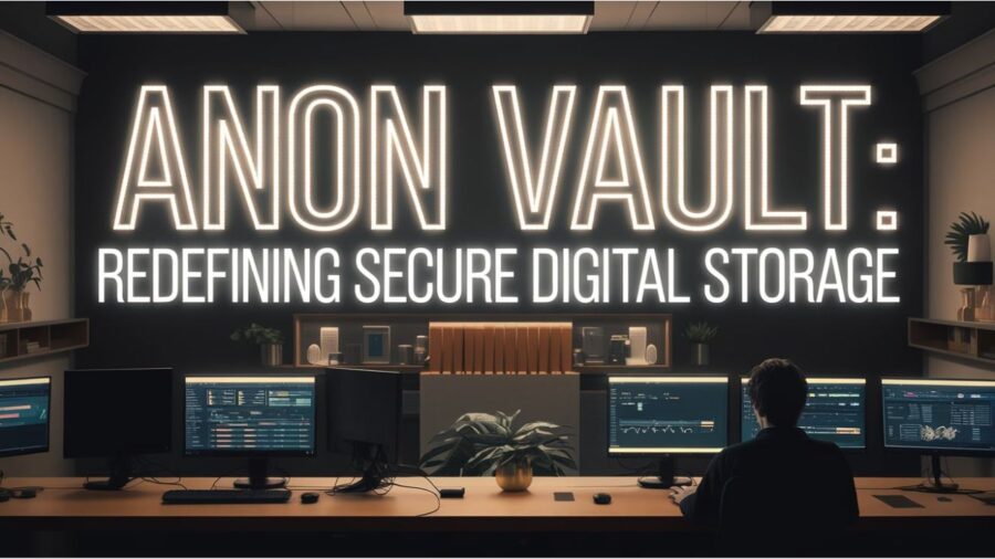 A sleek digital vault interface representing Anon Vault, with strong encryption symbols and a user-friendly design in a modern setting.