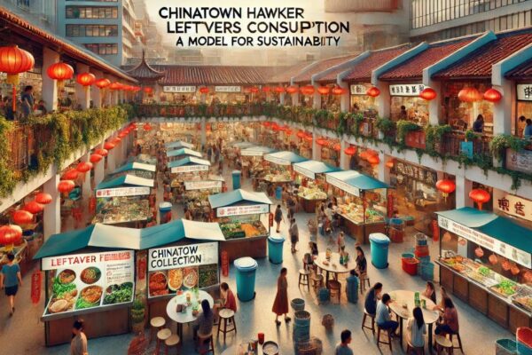 A vibrant Chinatown hawker center with leftover food being reused creatively, reflecting sustainable dining practices.