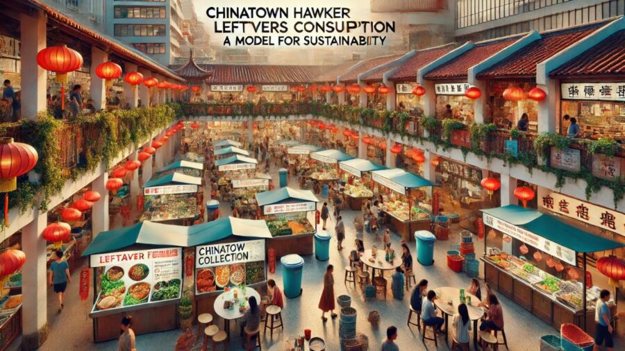 A vibrant Chinatown hawker center with leftover food being reused creatively, reflecting sustainable dining practices.