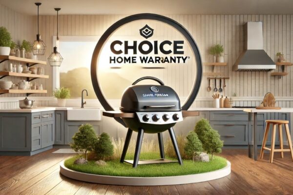 A George Foreman grill in a modern kitchen with warranty documents representing Choice Home Warranty appliance protection.