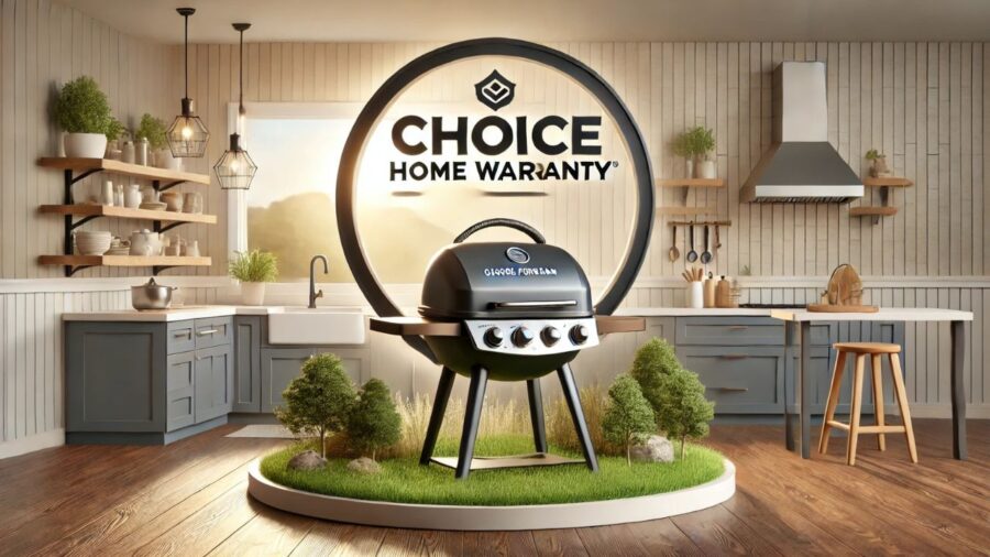 A George Foreman grill in a modern kitchen with warranty documents representing Choice Home Warranty appliance protection.