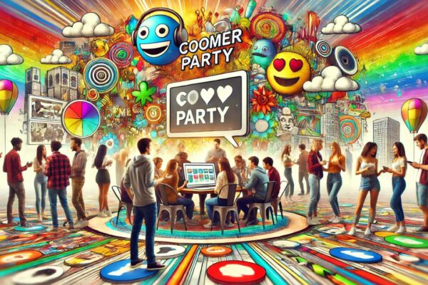 A visual representation of coomerparty with colorful graphics showing online communities and cultural discussions.