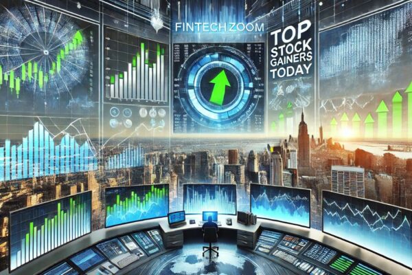 A dynamic stock market visualization showcasing top stock gainers today, with upward charts and financial data.