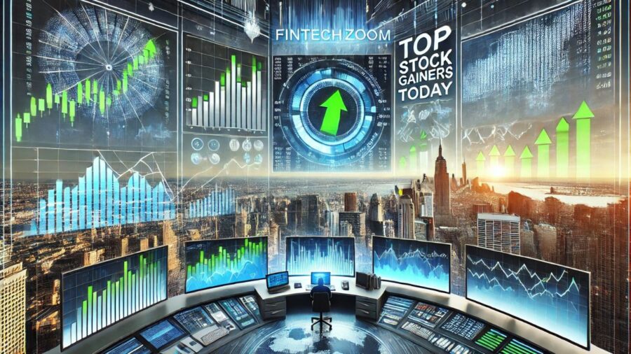 A dynamic stock market visualization showcasing top stock gainers today, with upward charts and financial data.