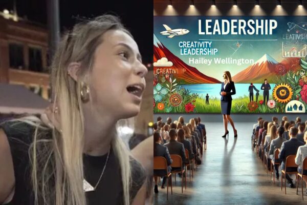 A dynamic portrayal of Hailey Wellington speaking at an event, with a vibrant audience and a presentation emphasizing creativity and leadership.