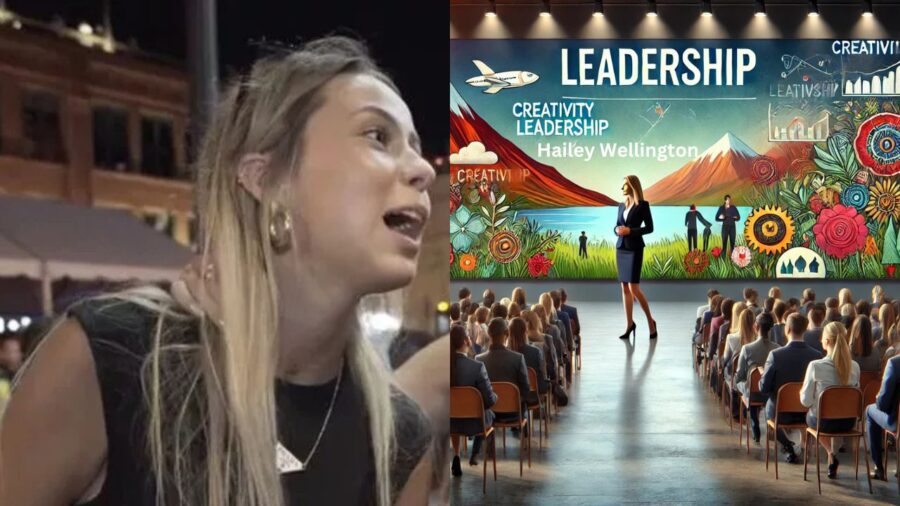 A dynamic portrayal of Hailey Wellington speaking at an event, with a vibrant audience and a presentation emphasizing creativity and leadership.