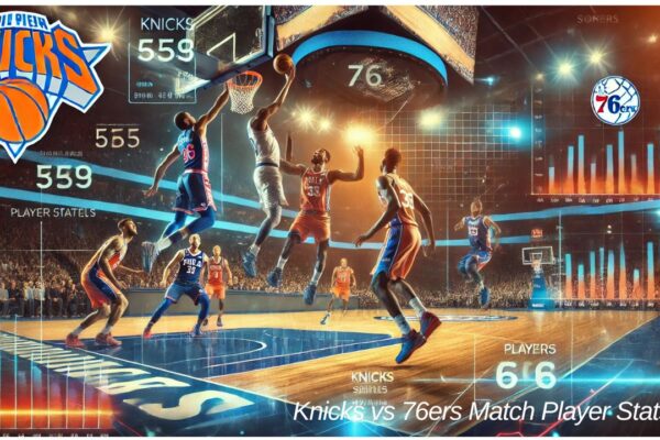 Knicks vs 76ers match with players in action, featuring dynamic basketball scenes and detailed statistics overlay.