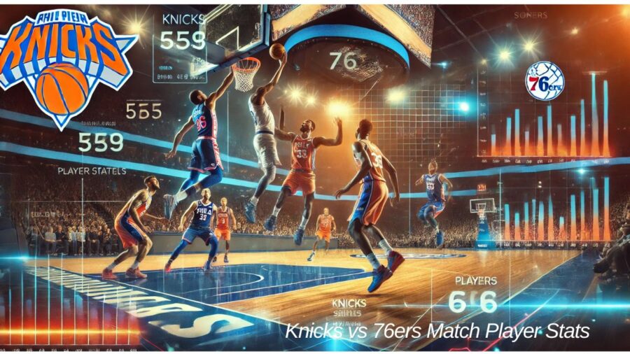 Knicks vs 76ers match with players in action, featuring dynamic basketball scenes and detailed statistics overlay.