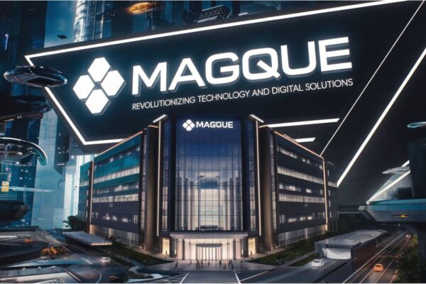 A futuristic workspace showcasing Magque’s technology platform, with screens displaying digital innovations and sleek designs.