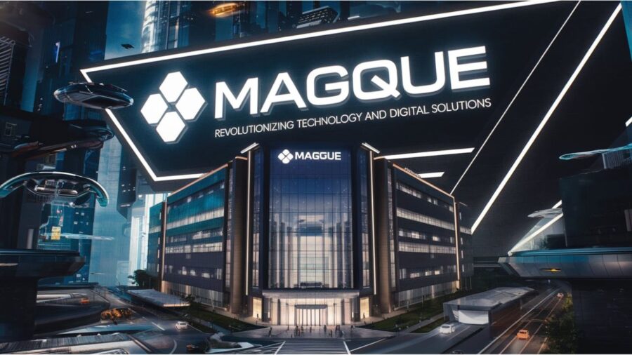 A futuristic workspace showcasing Magque’s technology platform, with screens displaying digital innovations and sleek designs.