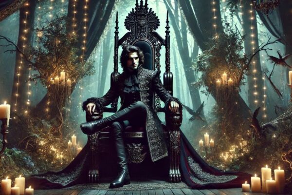 A mystical faerie kingdom with a dark, brooding prince on a throne surrounded by enchanted forests and glowing magical lights.