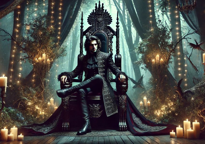 A mystical faerie kingdom with a dark, brooding prince on a throne surrounded by enchanted forests and glowing magical lights.